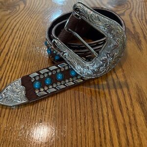 Women’s cowboy belt, dark brown hair on hide with turquois embellishments